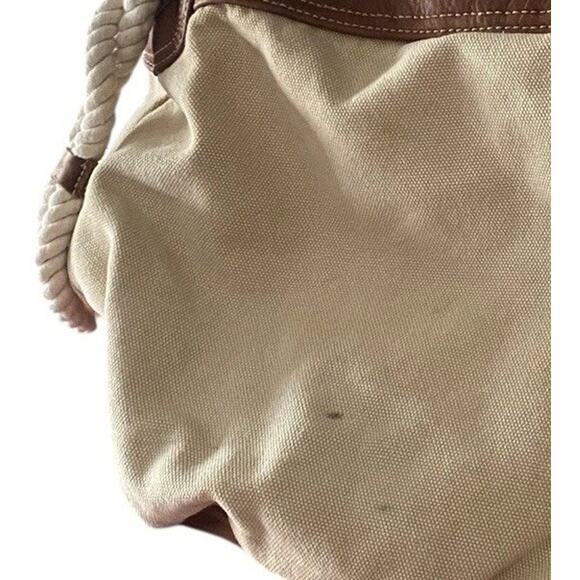 Vtg GAP Jeans Canvas Bucket Bag Tote Rope Cream Brown Leather Y2K 90s Hobo Purse - Picture 14 of 16